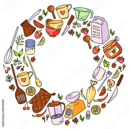 Cooking class. Kitchenware, utencils. Food and kitchen icons.