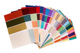 Color palette with various samples. Light background. Paint selection cards, close-up.