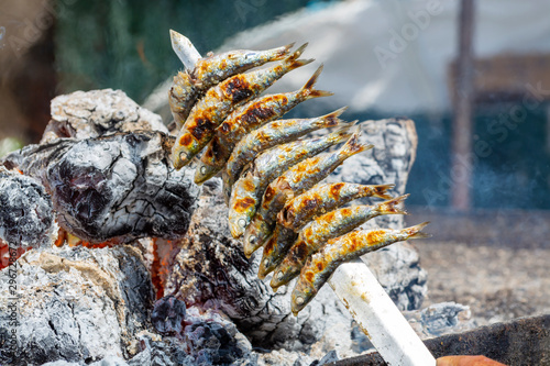 Fotografie Espeto, Malaga style fish on stick barbecue prepared on olive tree firewoods