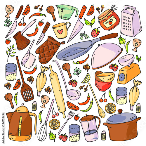 Cooking class. Kitchenware, utencils. Food and kitchen icons.