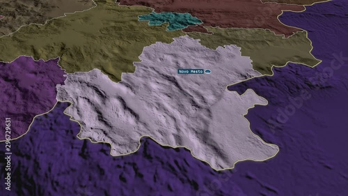 Jugovzhodna Slovenija - statistical region of Slovenia with its capital zoomed on the administrative map of the globe. Animation 3D photo