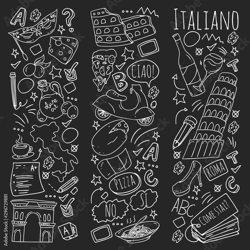Italian language learning. Vector pattern with icons and national symbols of Italy.