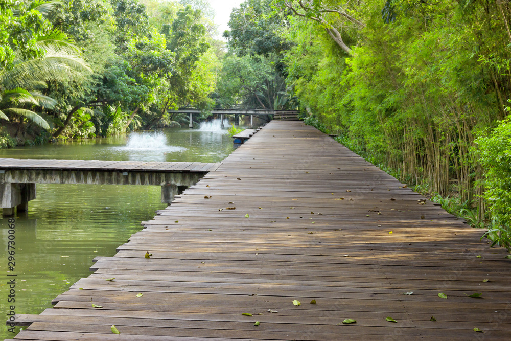 Fototapeta premium Wooden Bridge Over Canal in Garden
