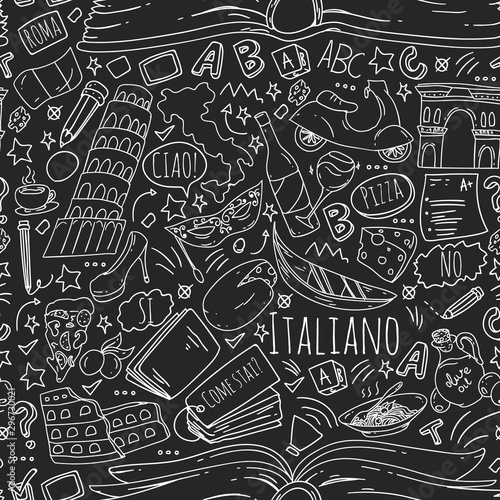 Italian language learning. Vector pattern with icons and national symbols of Italy.