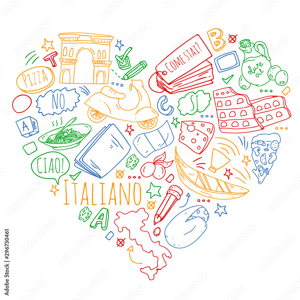 Italian language learning. Vector pattern with icons and national symbols of Italy. Italian language learning. Vector pattern with icons and national symbols of Italy.