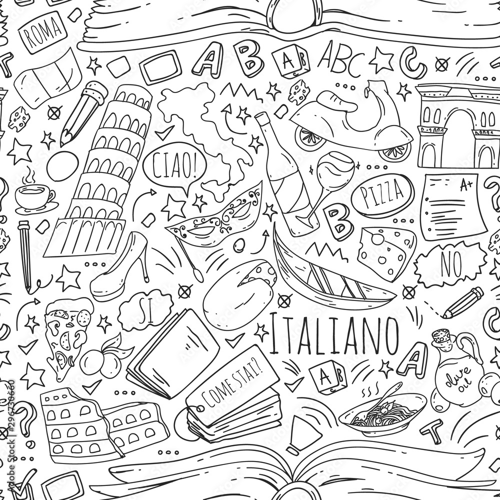 Italian language learning. Vector seamless pattern with icons and national symbols of Italy.