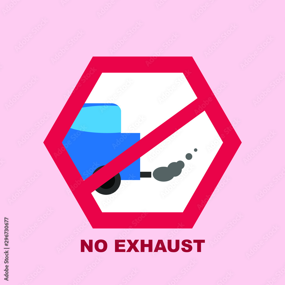 Vector illustration. The icon crossed out at the car from an exhaust pipe there is an exhaust gas. Inscription there is no exhaust. Vector illustration. The icon crossed out at the car from an exhaust pipe there is an exhaust gas. Inscription there is no exhaust.