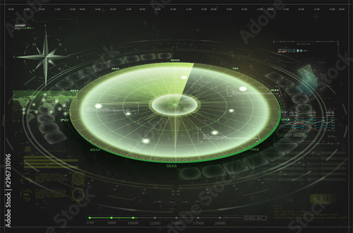 Futuristic radar screen, searching target. Air search. Military search system . Navigation interface wallpaper. Control Center HUD,Terrain view from satellite with futuristic digital interface. Radar