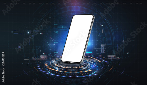 Realistic smartphone in perspective mockup with futuristic technology concept, mobile phone abstract background . 3D realistic cell phone. Vector futuristic illustration
