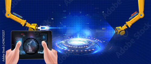 People connecting with a factory using smartphone and exchanging data with a neural network.Industry 4.0 monitoring app on a tablet and smart automated production.Robot arm in smart factory background