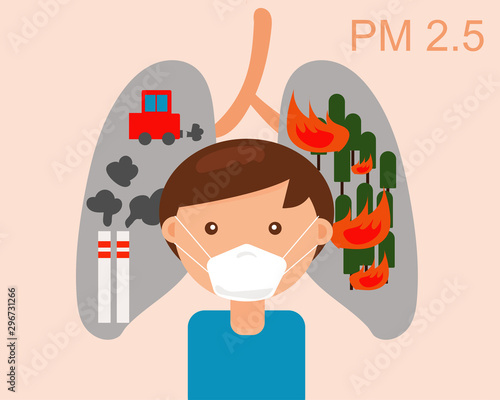 N95 Pollution Masks.Man wear mask for protect dust in air. That 95% of fine particles are blocked by this mask. And picture of lung show bad pollution from car, factory, wildfire