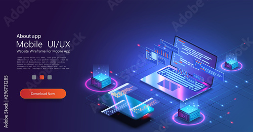 Programming and software development web page banner, program code on screen device. Software development coding process concept. Programming, testing cross platform code, app on phone, UI/UX