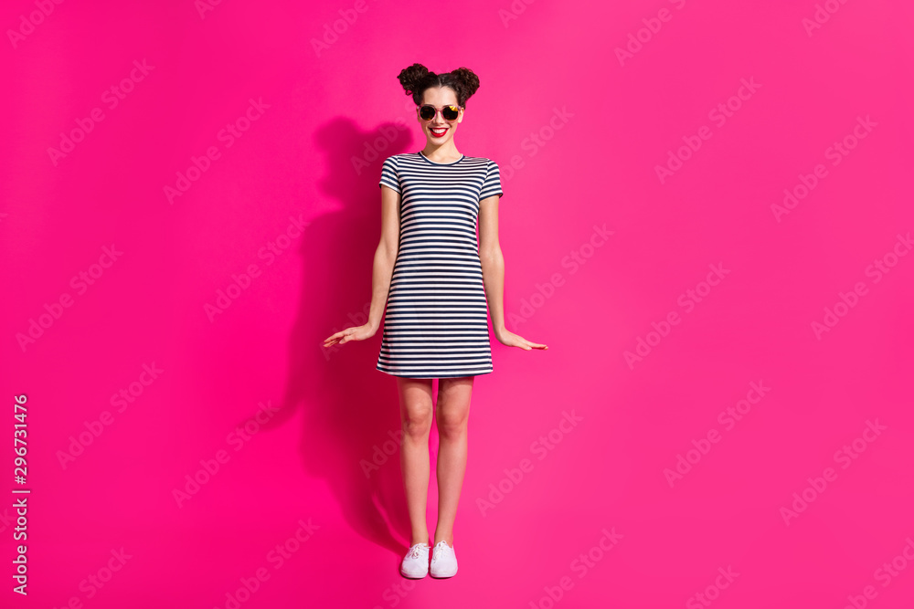 Full length body size view of her she nice attractive lovely lovable pretty charming cheerful cheery girl isolated over bright vivid shine vibrant pink fuchsia color background Full length body size view of her she nice attractive lovely lovable pretty charming cheerful cheery girl isolated over bright vivid shine vibrant pink fuchsia color background