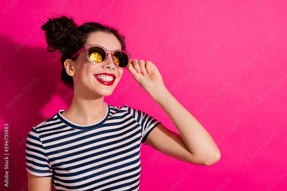 Close-up portrait of her she nice attractive lovely lovable dreamy cheerful cheery girl touching specs anticipating holiday isolated over bright vivid shine vibrant pink fuchsia color background Close-up portrait of her she nice attractive lovely lovable dreamy cheerful cheery girl touching specs anticipating holiday isolated over bright vivid shine vibrant pink fuchsia color background