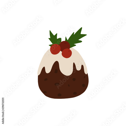 Traditional British Christmas Pudding illustration.  Christmas plum pudding decorated with red cranberry. Traditional dessert of English cuisine. Sweet food. Flat vector for menu or recipe book.