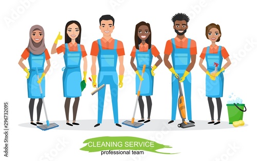 Professional cleaners team. Young multiracial smiling people are holding cleaning tools. Vector illustration of cartoon characters
