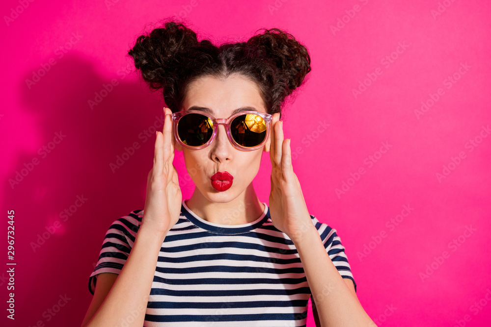 Close-up portrait of her she nice attractive confident glamorous lovely girl touching modern specs pout lips isolated over bright vivid shine vibrant pink fuchsia color background
