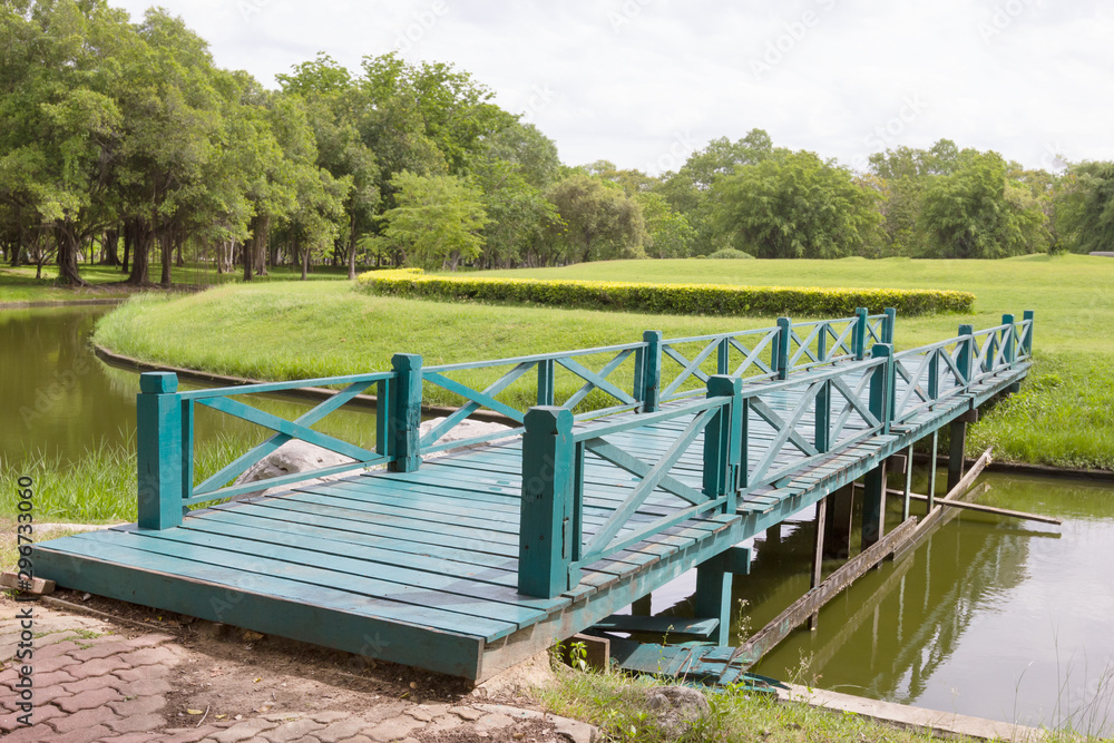 Fototapeta premium Green Wooden Bridge in Garden