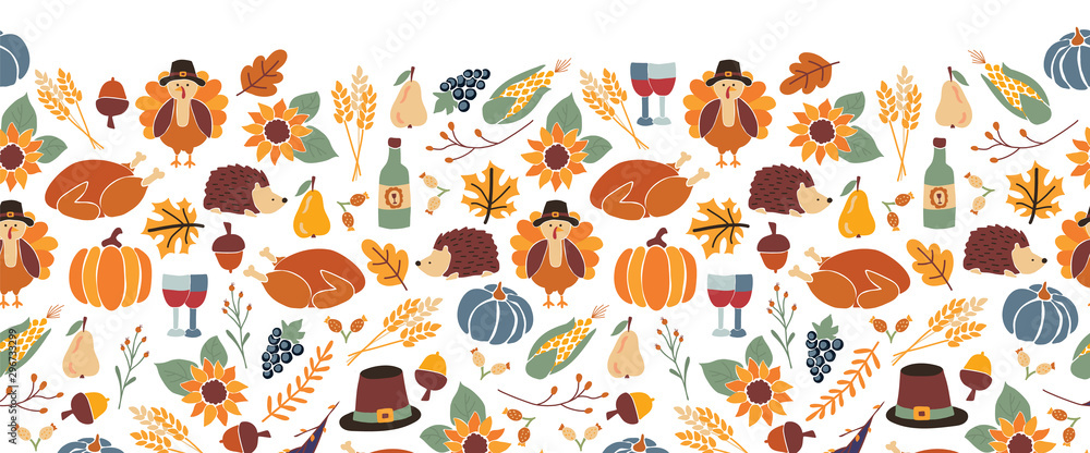 Thanksgiving seamless vector border. Autumn food roast turkey corn wine pumpkin family dinner greeting card repeating pattern design. Harvest festival. Fall party invitation banner. Happy Thanksgiving - obrazy, fototapety, plakaty 