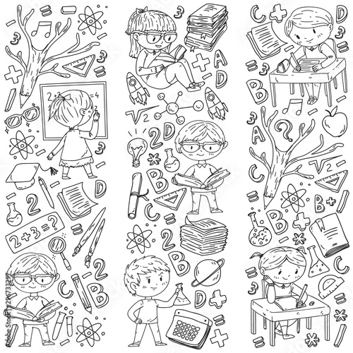 Back to school. Vector icons and elements for little children  college. Doodle style  kids drawing