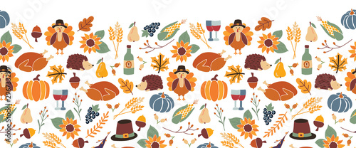 Thanksgiving seamless vector border. Autumn food roast turkey corn wine pumpkin family dinner greeting card repeating pattern design. Harvest festival. Fall party invitation banner. Happy Thanksgiving