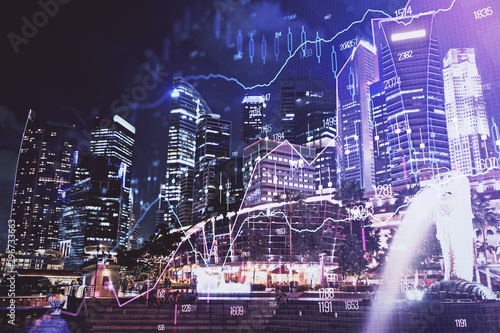 Financial chart on city scape with tall buildings background multi exposure. Analysis concept.