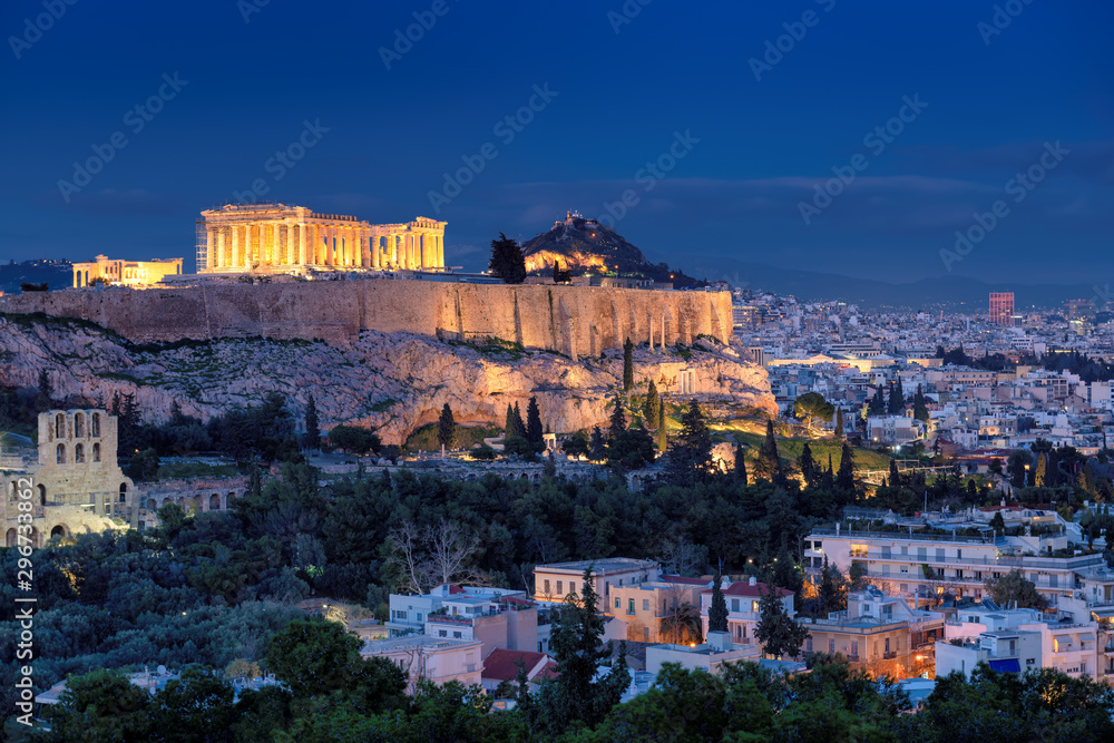 Night view of the Acropolis of Athens in sunset, with the Parthenon Temple, Athens, Greece.