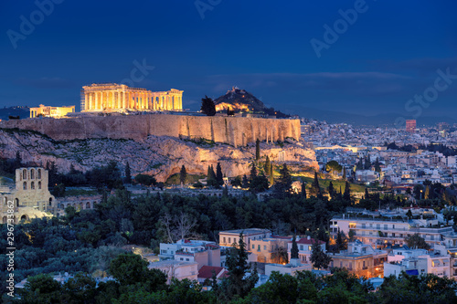 Night view of the Acropolis of Athens in sunset, with the Parthenon Temple, Athens, Greece.