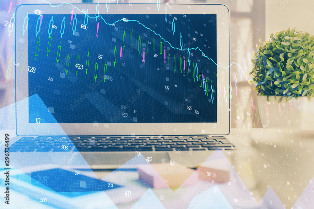 Double exposure of forex chart and work space with computer. Concept of international online trading. Double exposure of forex chart and work space with computer. Concept of international online trading.