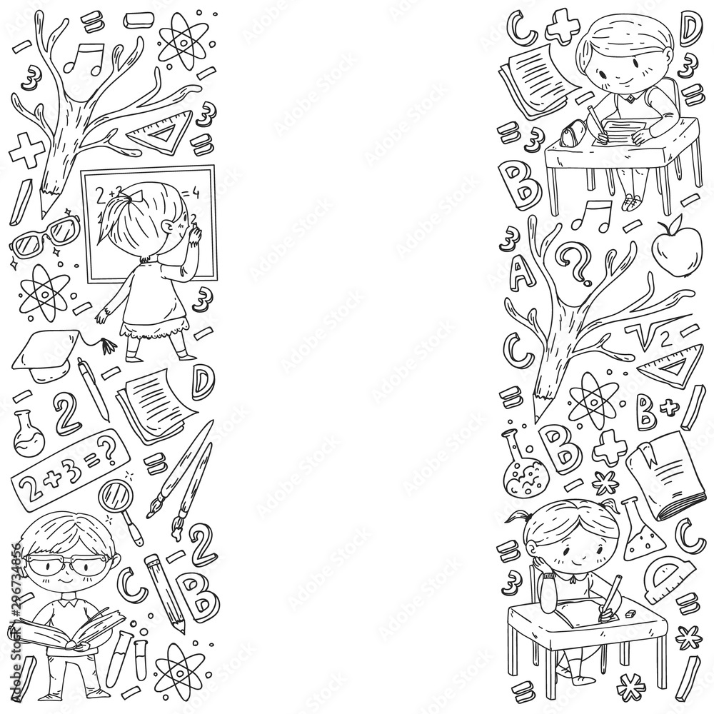 Back to school. Vector icons and elements for little children, college, online courses. Doodle style, kids drawing