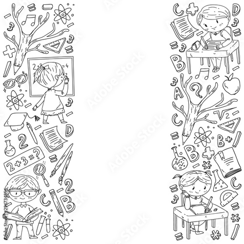 Back to school. Vector icons and elements for little children, college, online courses. Doodle style, kids drawing