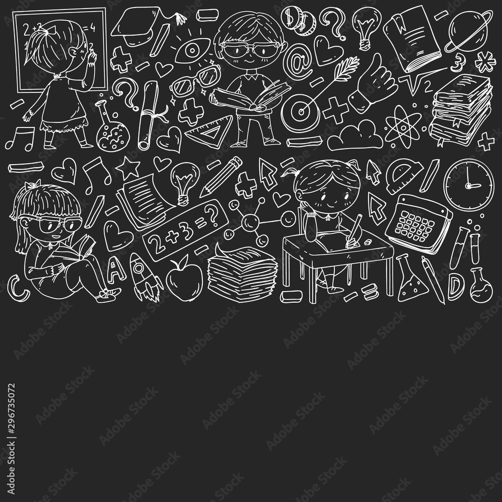 Back to school. Pattern with books, education element and little students. Kids, children learning mathematic, geography, geometry, physic, chemistry Back to school. Pattern with books, education element and little students. Kids, children learning mathematic, geography, geometry, physic, chemistry