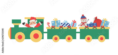 Christmas train with gifts. There is also Santa Claus and snowman in the picture. Vector illustration