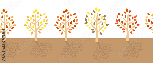 Fall trees with colorful leaves seamless vector border. Autumn tree silhouettes. Flat modern repeating nature pattern for ribbon  web banner  Thanksgiving greeting card  flyer  fabric trim  invite
