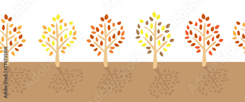 Fall trees with colorful leaves seamless vector border. Autumn tree silhouettes. Flat modern repeating nature pattern for ribbon, web banner, Thanksgiving greeting card, flyer, fabric trim, invite