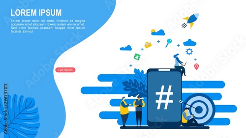 phone with hashtag sign,Tiny People Character Concept Vector Illustration, Suitable For Wallpaper, Background, Card, banner,Book Illustration, Web Landing Page