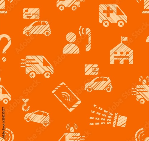 Emergency service  seamless pattern  color  hatching  orange  vector. Emergency medical and fire assistance  reference services. Imitation of pencil hatching.  