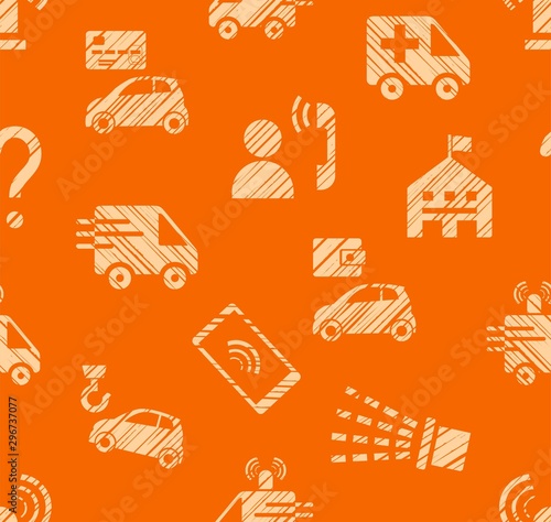 Emergency service, seamless pattern, color, hatching, orange, vector. Emergency medical and fire assistance, reference services. Imitation of pencil hatching.  