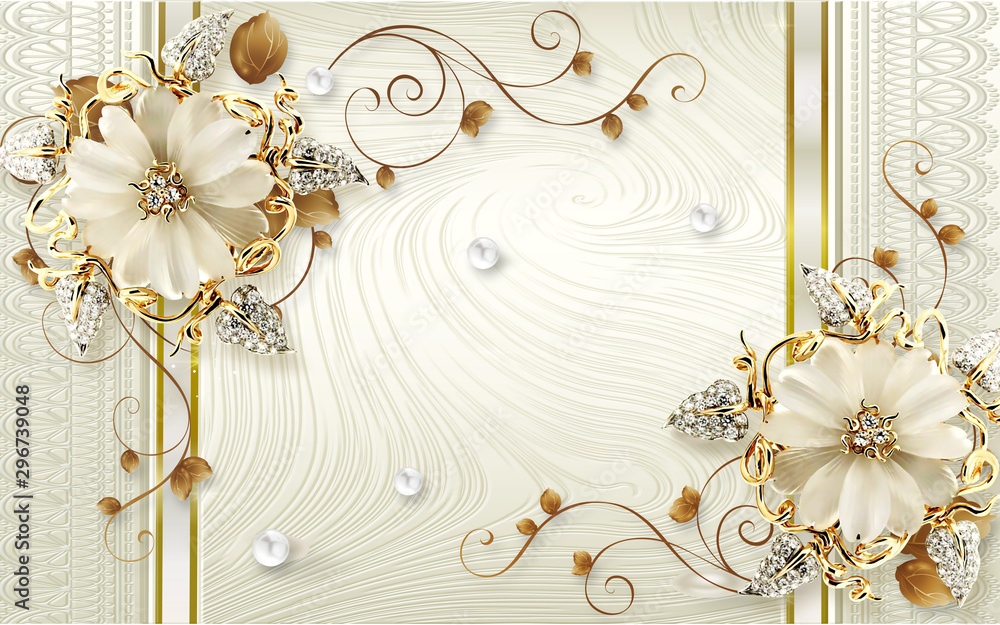 3d illustration, light background with ornament, silver pearls, large beige ornamental flowers with crystals