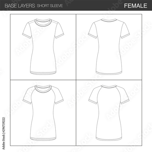 Woman Sleeveless Base Layer T-Shirt Set, Back and Front. Vector Illustration, Layers Split Outlines, Bindings and Isolated Background, for Technical Design and Mockup. All Round Neck, Raglan Sleeve.