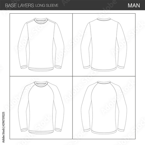 Man Long Sleeve Base Layer Shirt Set, Back and Front. All Round Neck, Raglan Sleeve. Vector Illustration, Outlines and Isolated Background, for Technical Design and Mockup.