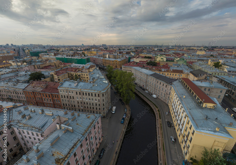 St. Petersburg from a height, Griboedov Canal and Griboedov Canal Embankment. Aerial view, summer, cloudy