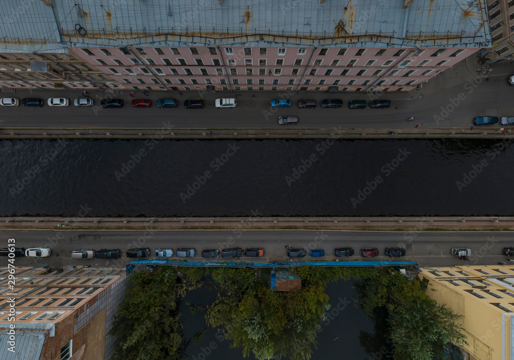 St. Petersburg from a height, Griboedov Canal and Griboedov Canal Embankment. Aerial view, summer, cloudy St. Petersburg from a height, Griboedov Canal and Griboedov Canal Embankment. Aerial view, summer, cloudy