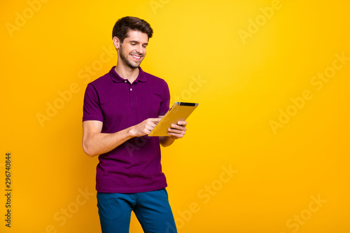 Canvas Print Portrait of his he nice attractive cheerful cheery content guy using digital ebo