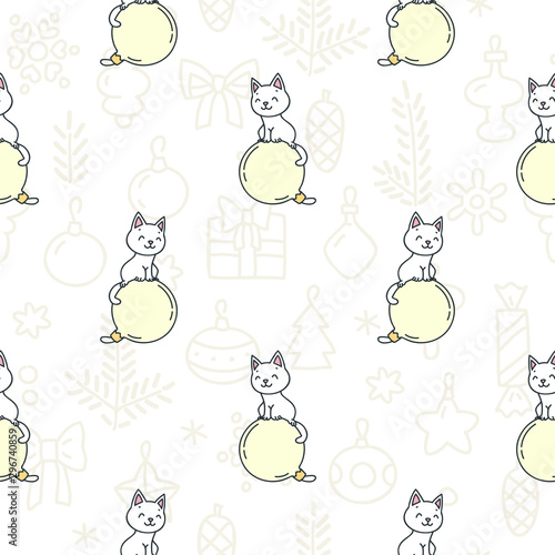 Winter holiday pattern. Cute seamless pattern of of happy white cats playing with christmas balls on background of   christmas decoration. Vector illustration 8 EPS.
