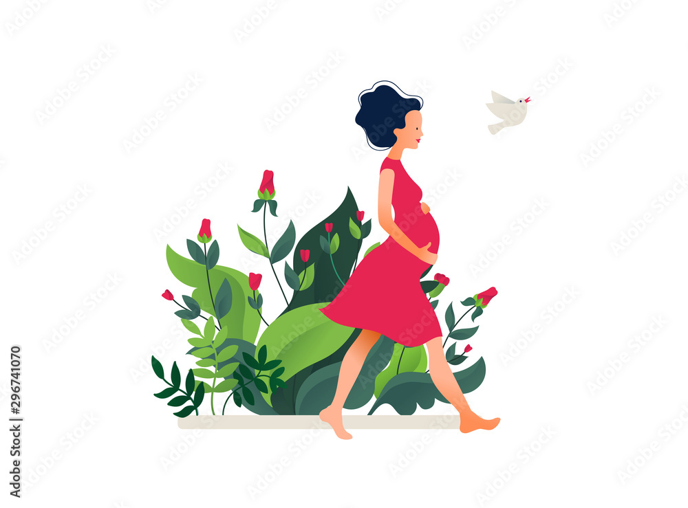 Pregnant woman walking. Active well fitted pregnant female character. Happy pregnancy. Yoga and sport for pregnant. Flat cartoon vector illustration Pregnant woman walking. Active well fitted pregnant female character. Happy pregnancy. Yoga and sport for pregnant. Flat cartoon vector illustration