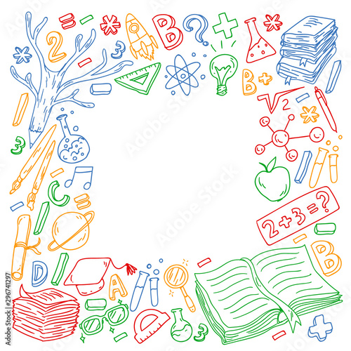 School, college, university, kindergarten pattern with vector elements and icons. Creativity and imagination.