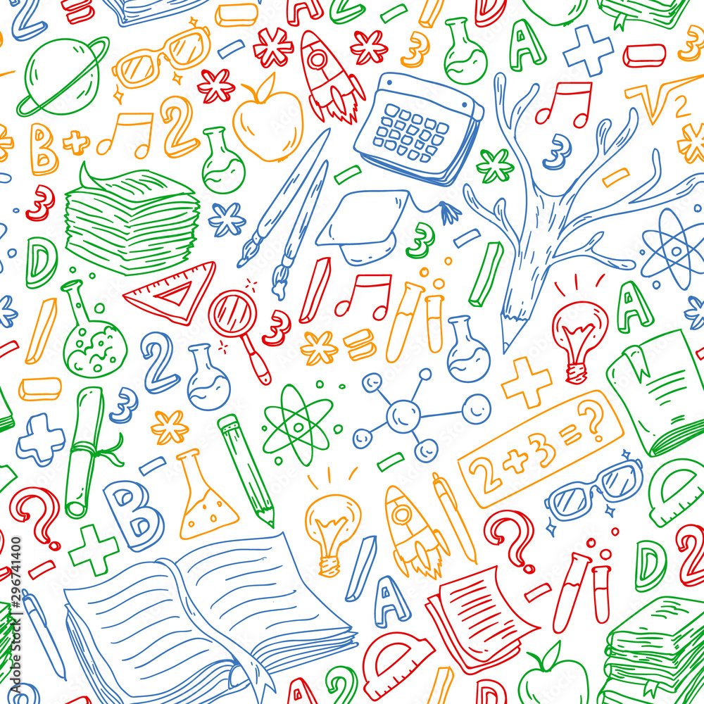 Seamless pattern. School, college, university, kindergarten pattern with vector elements and icons. Creativity and imagination. Seamless pattern. School, college, university, kindergarten pattern with vector elements and icons. Creativity and imagination.