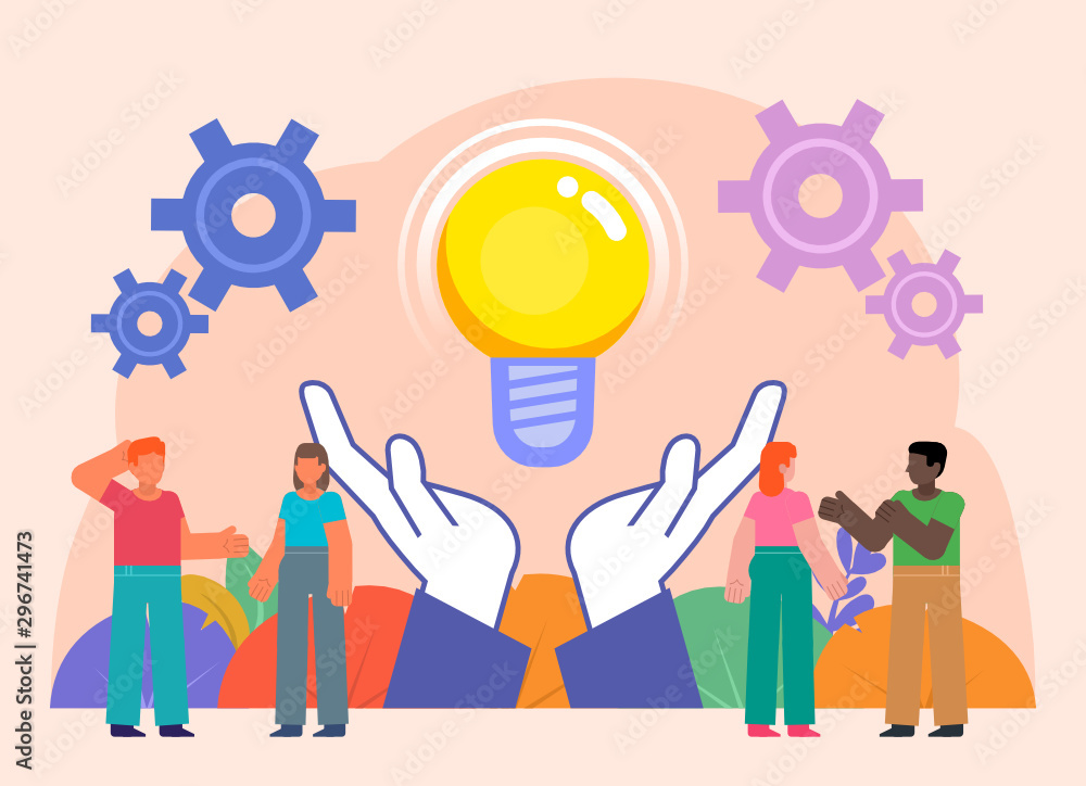 Brainstorm, creative idea. Group of people stand near big idea light bulb. Flat design vector illustration. Poster for social media, web page, banner, presentation Brainstorm, creative idea. Group of people stand near big idea light bulb. Flat design vector illustration. Poster for social media, web page, banner, presentation