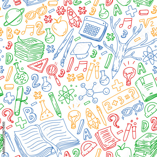 Seamless pattern. School, college, university, kindergarten pattern with vector elements and icons. Creativity and imagination.